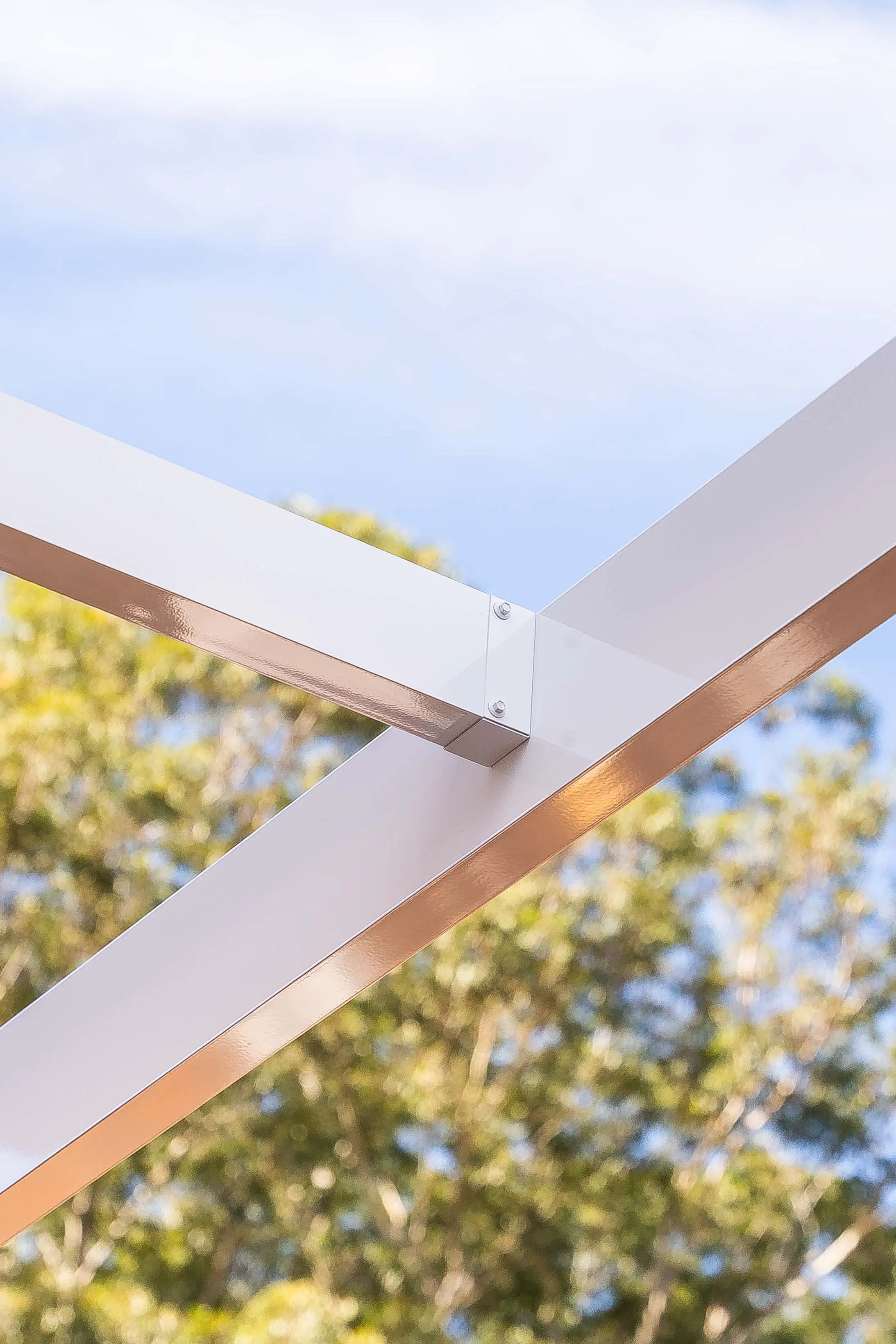 Portrait detailing powder-coated steel members and roof sheet joins